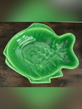 Vintage Ernestine Salerno Italy Ceramic Fish Dish Green Mid Century Modern Potte